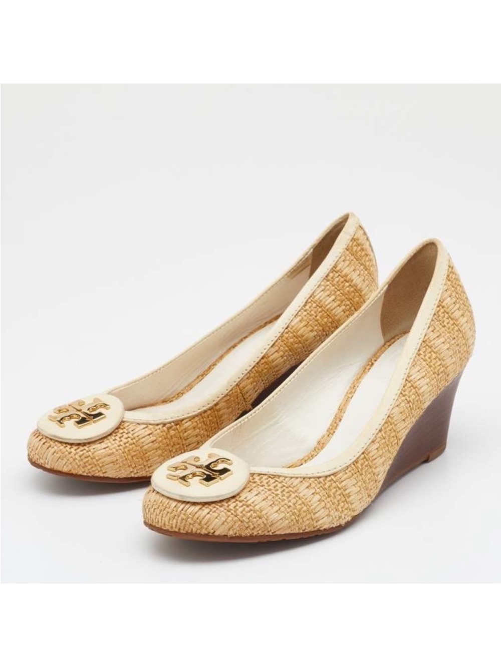Tory Burch Sally Raffia Natural White Straw Woven Wedge Heels Size 9.5 M
